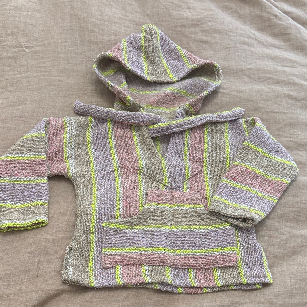Kids Hooded Stripe Knit Jacket - Pink, Gray & Neon Yellow